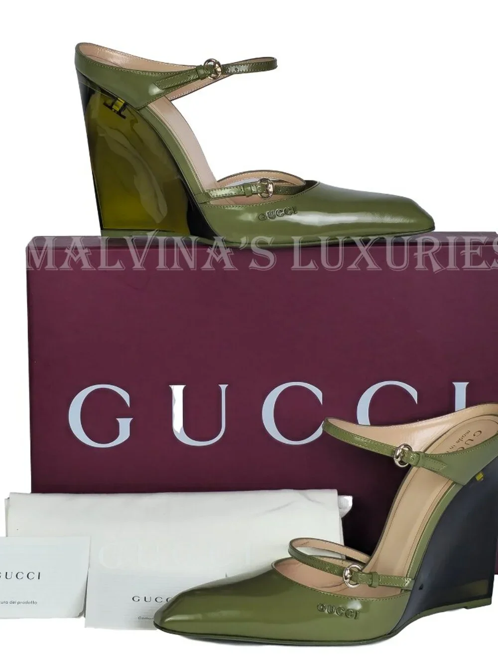 GUCCI SHOES LEATHER w LUCITE WEDGE MULES LOGO EMBOSSED  sz 39 9